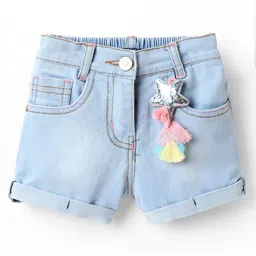 Little Kangaroos Knee Length Washed Denim Shorts with Star Applique - Light Blue image 2