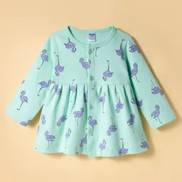 Tango Single Jersey Knit Full Sleeves Front Open Frock with Leggings & Flamingo Print - Aqua Blue image 2