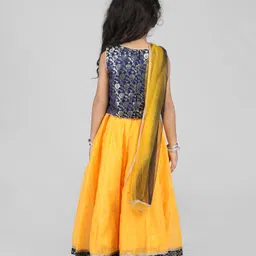 Babyhug Sleeveless Brocade Choli Foil Printed Lehenga and Dupatta Set - Yellow & Navy Blue image 3