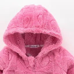 Mark & Mia Full Sleeves Hooded Fur Winter Wear Romper With Heart Design - Fuchsia image 3