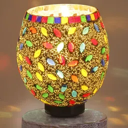 Aura White & Blue Textured Bell Shaped Glass Table Lamp with Wooden Base image 4