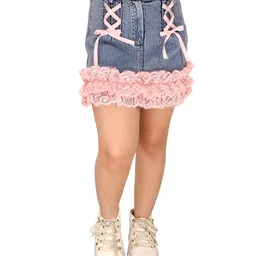 Cutecumber Floral Lace Embellished A Line Denim Skirt - Blue image 5