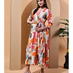 Moms Maternity Cotton Woven Three Fourth Sleeves Geometric Printed Maternity Dress With Front Nursing Access - Grey image 5