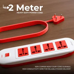 Elleys 3 Pin Extension Board ZYNEX 4 Socket 10 A Current 2 m Cable Length Red & White image 4