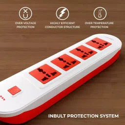 Elleys 3 Pin Extension Board ZYNEX 4 Socket 10 A Current 2 m Cable Length Red & White image 5