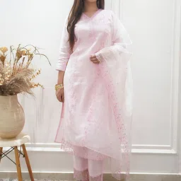 VredeVogel Women Floral Embroidered Sequinned Straight Kurta With Trousers & Dupatta-picture-45