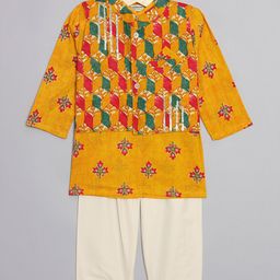READIPRINT Full Sleeves Floral Printed  Kurta Pyjama With Geometric Motif & Lace Embellished Nehru Jacket - Orange-picture-16