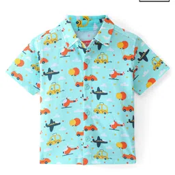 Babyhug Knitted Half Sleeve Regular Collar Vehicles Printed Shirt - Blue-picture-10