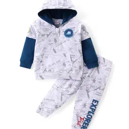 Babyhug Terry Knit Full Doctor Sleeves Hooded T-Shirt and Lounge Pants Set Map Print - Grey-picture-25