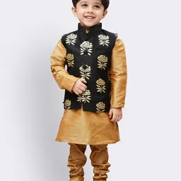 Vastramay Full Sleeves Solid Coordinating Kurta & Pyjama With Rose Motif Designed Nehru Jacket Set - Black & Gold-picture-24