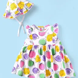Babyhug Single Jersey Knit Sleeveles Onesie & Cap with Beach Theme Print - White & Pink-picture-11