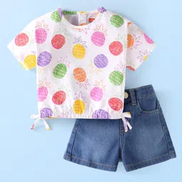 Babyhug Single Jersey Knit Half Sleeves Pineapple Printed Top & Solid Denim Shorts Set - White & Blue-picture-11