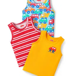 Babyhug 100% Cotton Single Jersey Knit Antibacterial Sleeveless Sandos With Striped & Vehicle Print Pack Of 3 - Red Yellow & Light Blue-picture-14