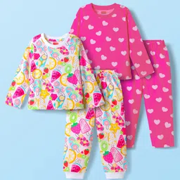 Babyhug Cotton Knit Full Sleeves Co-ords Night Suit With Tropical Theme & Heart Print Pack Of 2 - Pink & White-picture-32