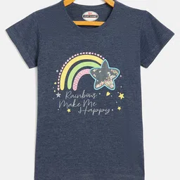 Fort Divine Cotton Lycra Knit Half Sleeves Rainbow Printed Tee - Denim Blue-picture-17