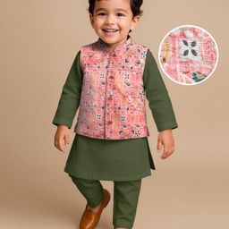 Babyhug Woven Full Sleeves Kurta Pajama Set With Embroidered Jacket - Green-picture-10