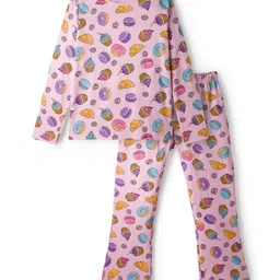 Primo Gino 100% Cotton Knit Full Sleeves Co-ord Night Suit With Cupcake Print - Pink-picture-18