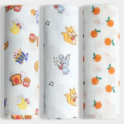 Orange Sugar 100% Cotton Muslin Pack of 3 Breakfast & Oranges Printed Multipurpose Baby Swaddles - Multicolor-image-92