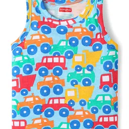 Babyhug 100% Cotton Single Jersey Knit Antibacterial Sleeveless Sandos With Striped & Vehicle Print Pack Of 3 - Red Yellow & Light Blue image 2