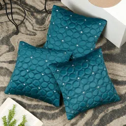 SOKNACK 3 Pieces Teal Blue Self Design Velvet Square Cushion Covers-picture-25
