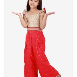 Twisha Cap Sleeves Brocade Top With Palazzo Pants - Golden Red image 4
