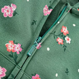 Babyhug Cotton Knit Full Sleeves Hooded Sweat Jacket with Front Zipper Floral Print - Green image 4