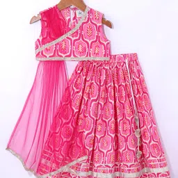 Teentaare Cotton Sleeveless Printed Choli Lehenga Set with Attached Dupatta & Tassle Detailing - Pink image 4