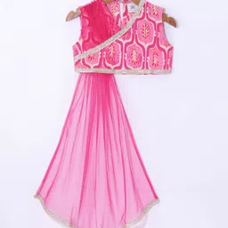 Teentaare Cotton Sleeveless Printed Choli Lehenga Set with Attached Dupatta & Tassle Detailing - Pink image 5