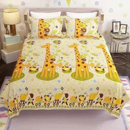 NEW TOWN Yellow & Green Cartoon Characters 210 TC Queen Bedsheet with 2 Pillow Covers-image-16