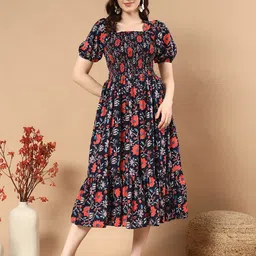 DEKLOOK Floral Print Puff Sleeve Crepe Fit & Flare Midi Dress-picture-16