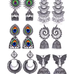 MEENAZ Set Of 6 Silver-Plated Oxidized Dome Shaped Jhumkas-image-66