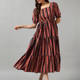 Krunal Raiyani Women Striped Printed Crepe Tiered Fit & Flare Midi Dress-picture-32