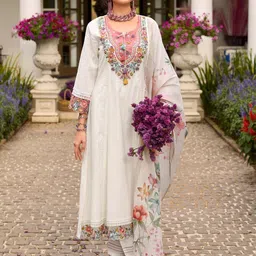 Indo Era Women Floral Embroidered Regular Thread Work Pure Cotton Kurta with Trousers & With Dupatta image 2