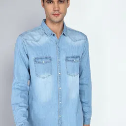 Kuons Avenue Men Smart Spread Collar Solid Denim Slim Fit Casual Shirt-image-21