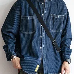 KPOP Men Original Fit Vertical Striped Spread Collar Casual Shirt-image-0