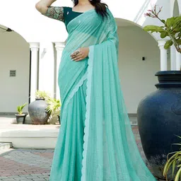 K 5 Fashion Woven Design Checked Pure Chiffon Saree-image-36
