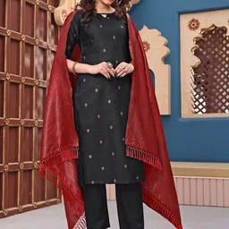 SHOPLANCE Women Regular Chanderi Cotton Kurta with Trousers & With Dupatta image 2