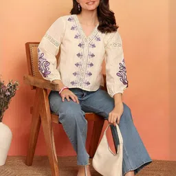 KALINI Floral Embroidered Puff Sleeve Crop Top image 2