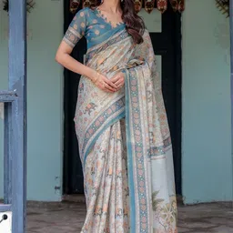 ALMAARI FASHION Ethnic Motifs Printed Pure Cotton Kanjeevaram Saree And Unstitched Blouse image 5