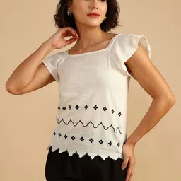 LIMEROAD Geometric Embroidered Flutter Sleeve Cotton Top image 2