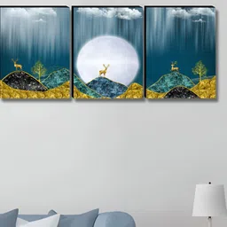 Livin'luxe Teal & Gold-Toned 3 Pieces Deer & Full Moon Abstract Wall Arts-image-54