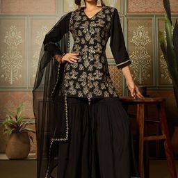 House of Pataudi Women Floral Embroidered Kurta with Sharara & Dupatta-picture-38