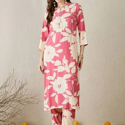 Indo Era Floral Printed Round Neck Tunic With Trousers image 5
