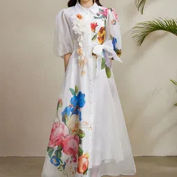 JC Collection Floral Print Puff Sleeve Shirt Collar Shirt Maxi Dress-picture-12