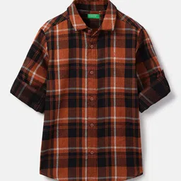 United Colors of Benetton Boys Tartan Checks Checked Spread Collar Pure Cotton Shirt-picture-18
