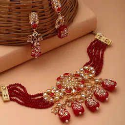 Anouk Maroon Gold Plated Kundan Studded & Beaded Jewellery Set image 1