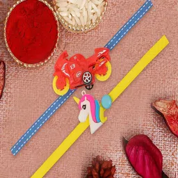 Vientiq Kids 2Pcs Blue & Yellow Scooter & Unicorn Rakhi With Roli Chawal image 2