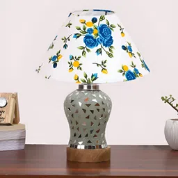 Aura White Floral Printed Frustum Shaped Wooden Table Lamp image 2