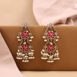 Fida Gold-Plated Kundan Studded And Pearls Beaded Floral Shaped Jhumkas image 4