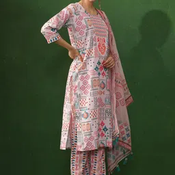 Jaipur Kurti Geometric Printed Pure Cotton Straight Kurta With Trousers & Dupatta image 2